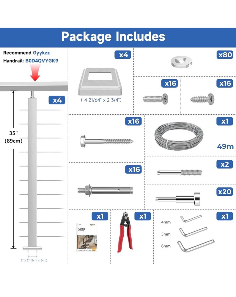 36" One-Stop Cable Railing Post Kits, 4Pack Brushed Finish Level Drilled Line...