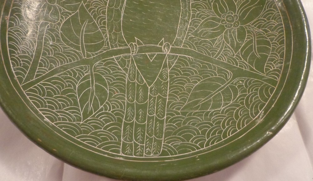 VINTAGE CHALKWARE POTTERY PLATE BOWL ETCHED ENGRAVED PARROT PATTERN GREEN SAGE