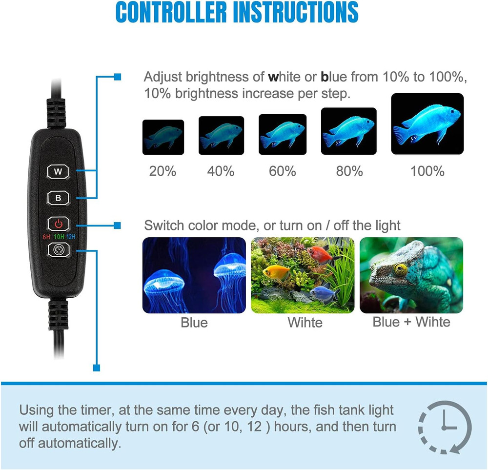 11" White & Blue Submersible LED Aquarium Fish Tank Light with Timer/Dimmable Un