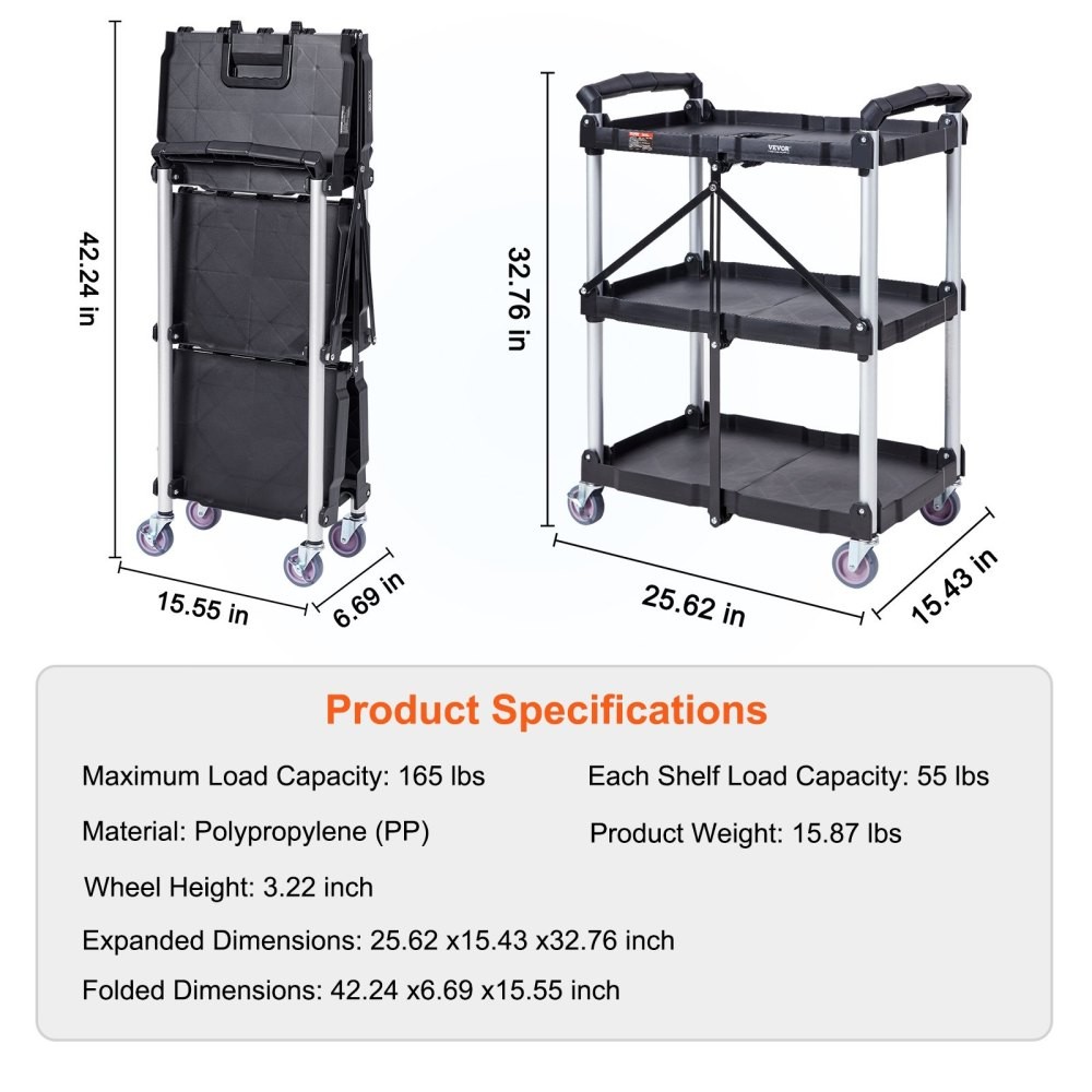 3-Shelf Heavy Duty Folding Cart Tool Wagon, Lockable Wheels 165lb Capacity