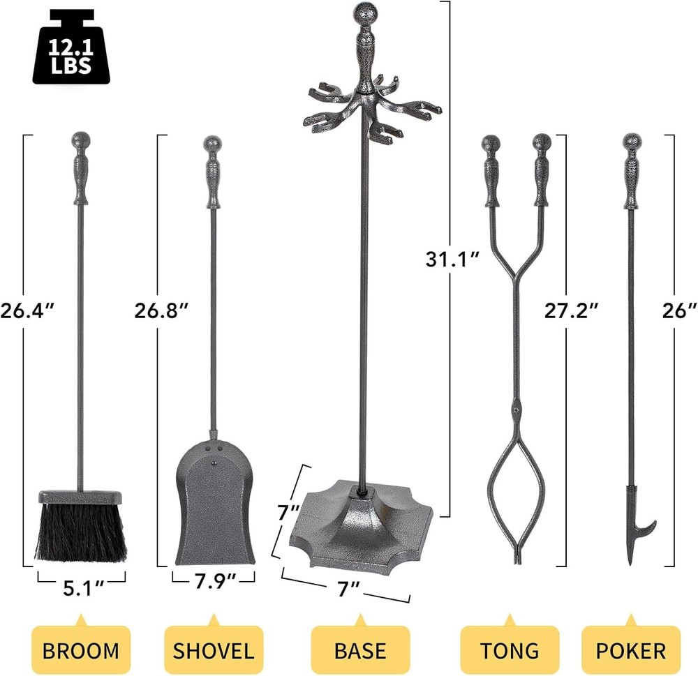 nalone 5 Pieces Fireplace Tools Set, Wrought Iron with Silver Pattern Fireplace