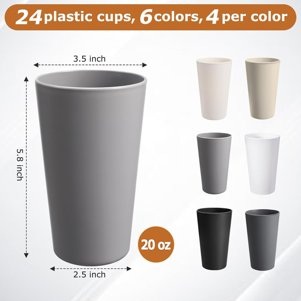 24 Pcs Unbreakable Plastic Cups Set, 20 Oz Reusable Plastic Cups, Stackable Wate