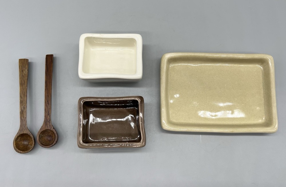 Pottery Barn Studio Barbara Eigen Ceramic Salt & Pepper Cellars Wood Spoons
