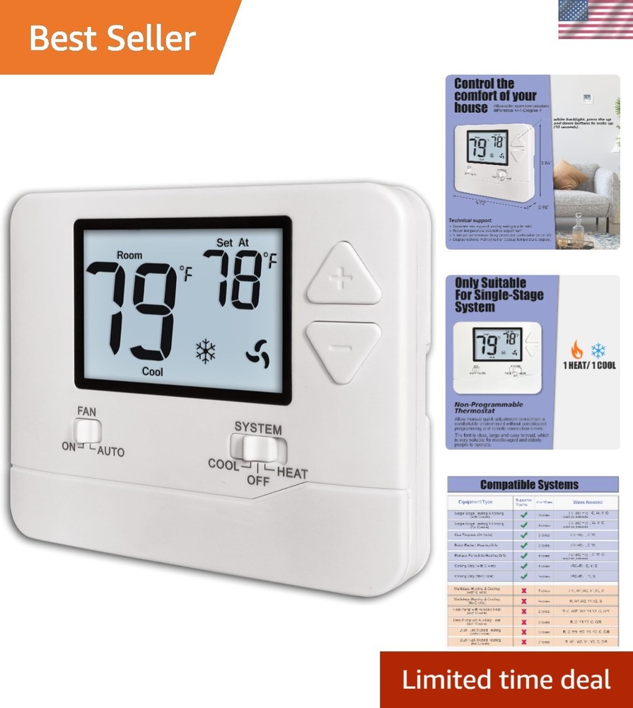 Modern White Backlit Thermostat for Efficient Single-Stage Climate Control