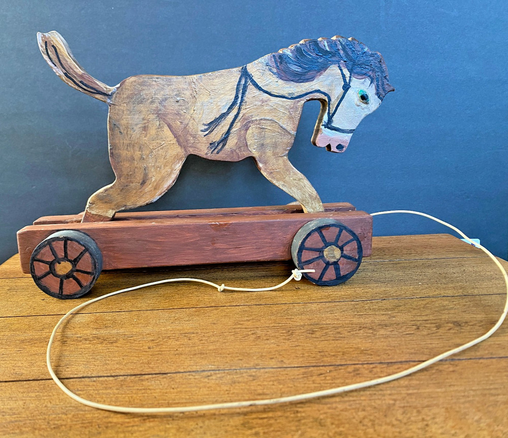 Antique Wooden Horse Pull Toy On Wheels - W/ Pull String & Manually Bucks Up