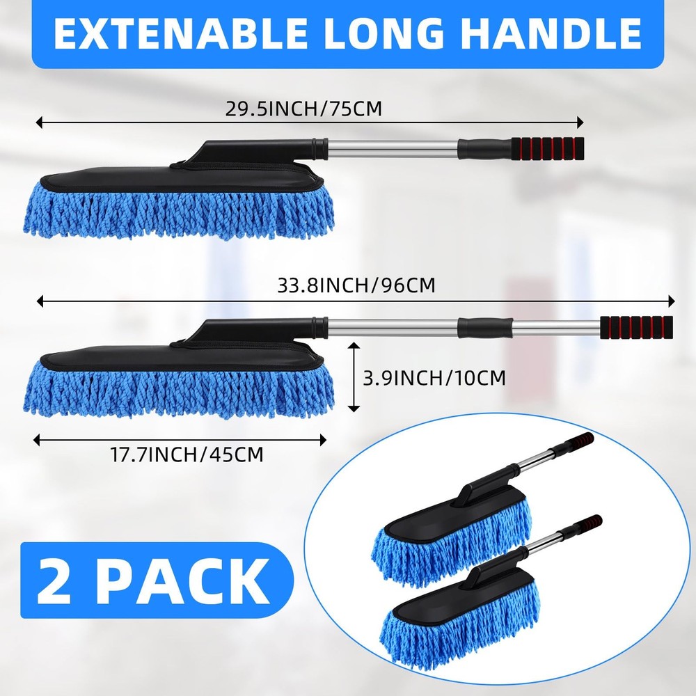 2 Pack Microfiber Car Duster Exterior Scratch Free with Extendable Handle Blue