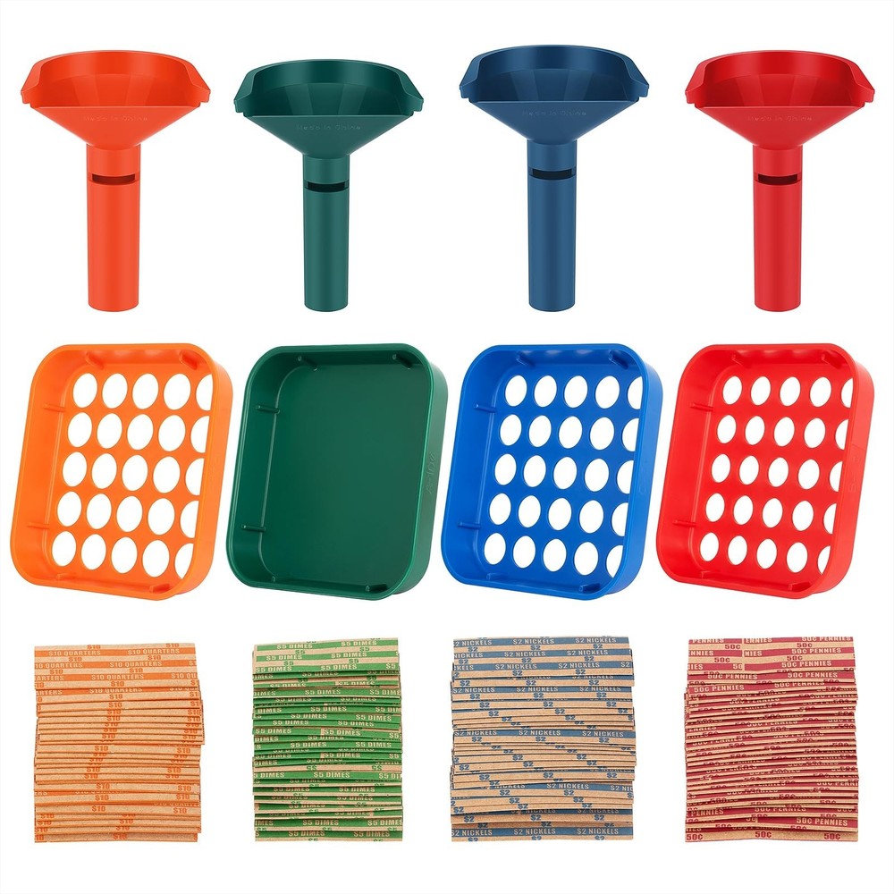 Coin Sorter Tray & Tube Set - 4 Color-Coded Coin Separators + 100 Assorted Wrapp