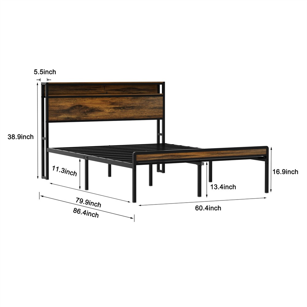 Queen Size Bed Frame Metal Platform Bed Frame w/ Storage Headboard & USB Port