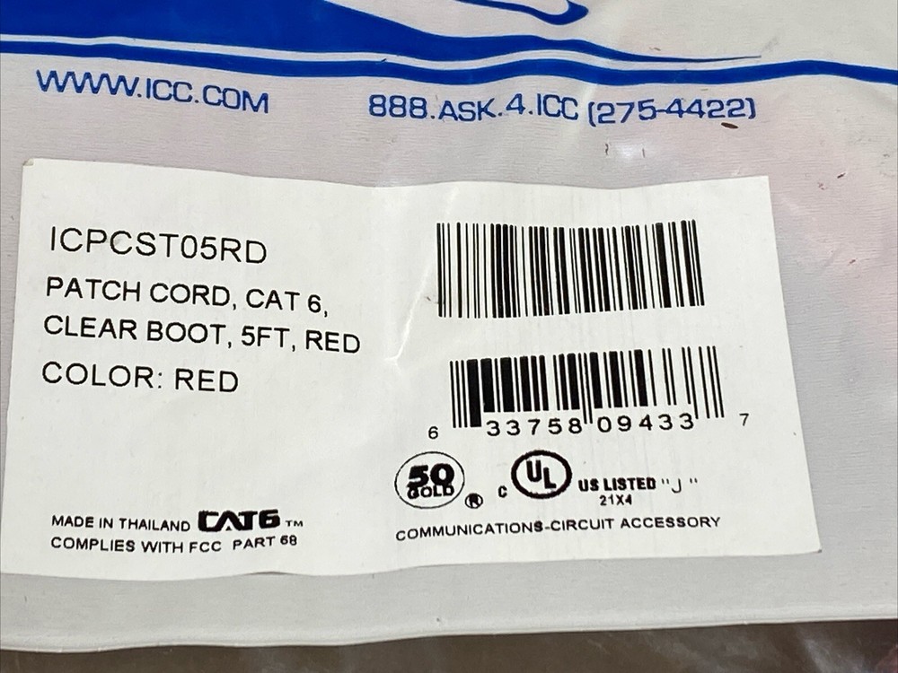 ICC ICPCST05RD CAT6 Clear Boot Patch Cord - 5Ft Red New