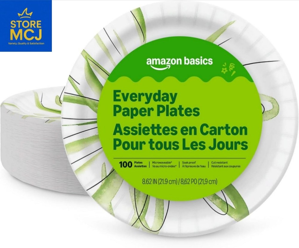 Amazon Basics 100 Disposable Paper Plates 8.62" Durable Everyday Use Value Pack