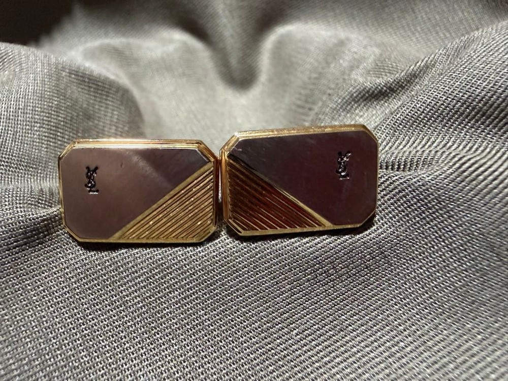 Yves Saint Laurent Cufflinks Vintage Rectangular Gold Silver Stripe