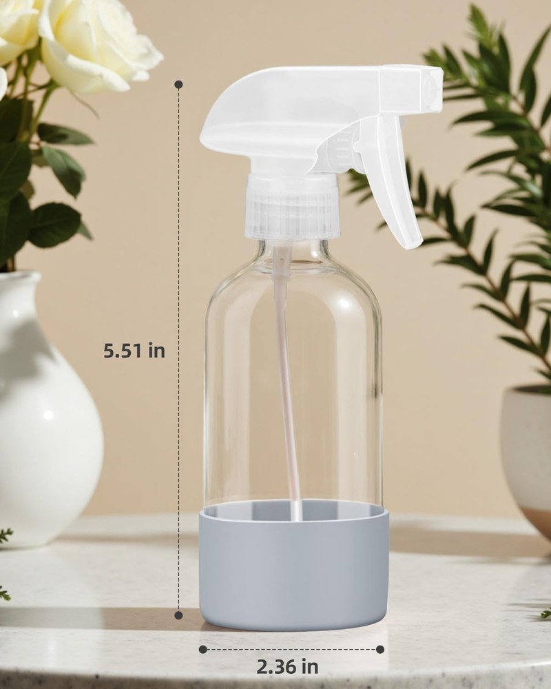 4Pack 8oz Glass Spray Bottles Refillable Silicone Sleeve Adjustable Nozzle
