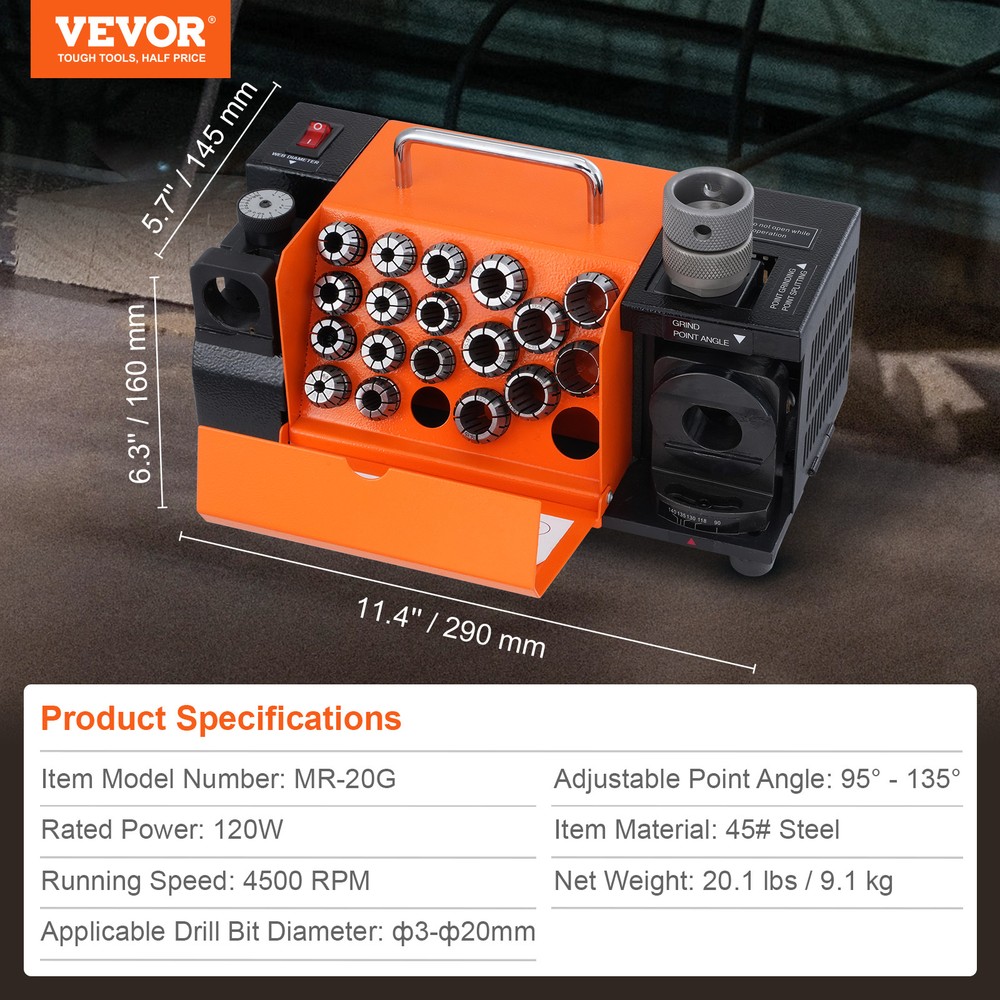 VEVOR MR-20G Drill Bits Sharpener 3-20mm Bits Grinder Sharpener & 18 Collets