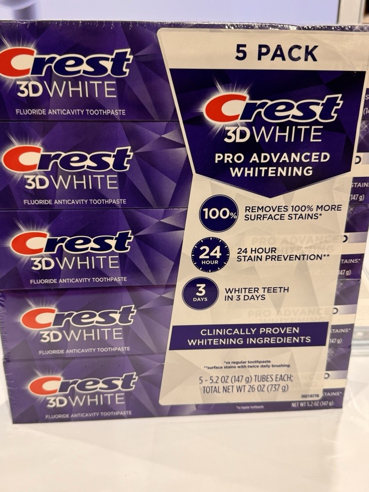Crest 3D White Advanced Whitening Toothpaste 5 Pack 5.2oz Fluoride Mint NEW Seal