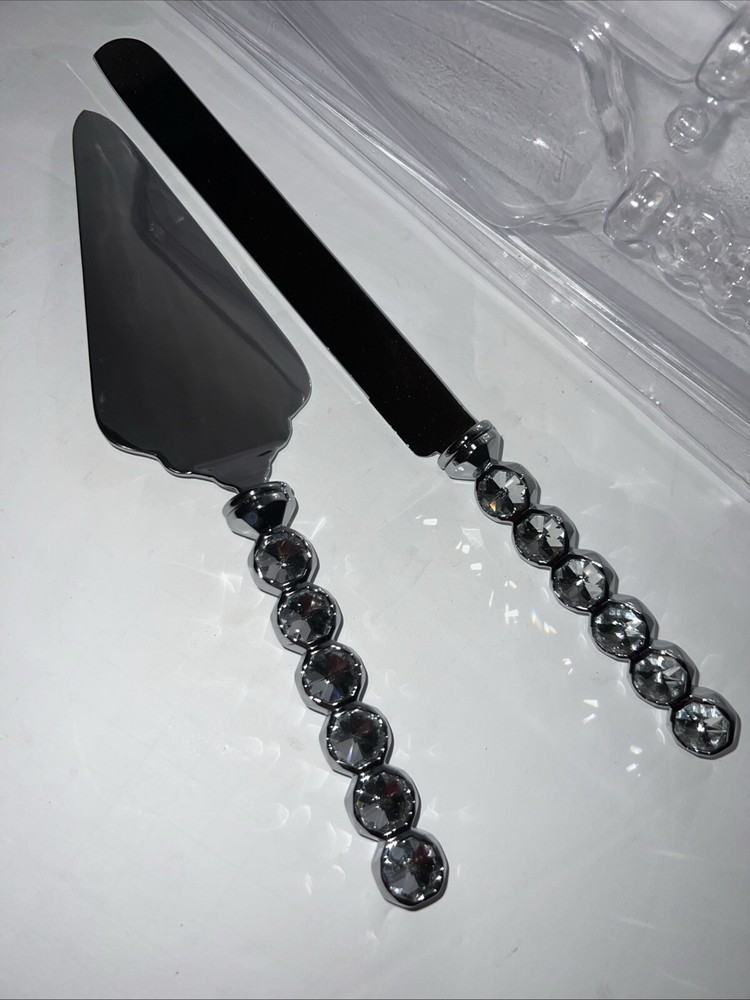 Wedding Cake Knife Server Set Clear Stone And Silver Color With Container