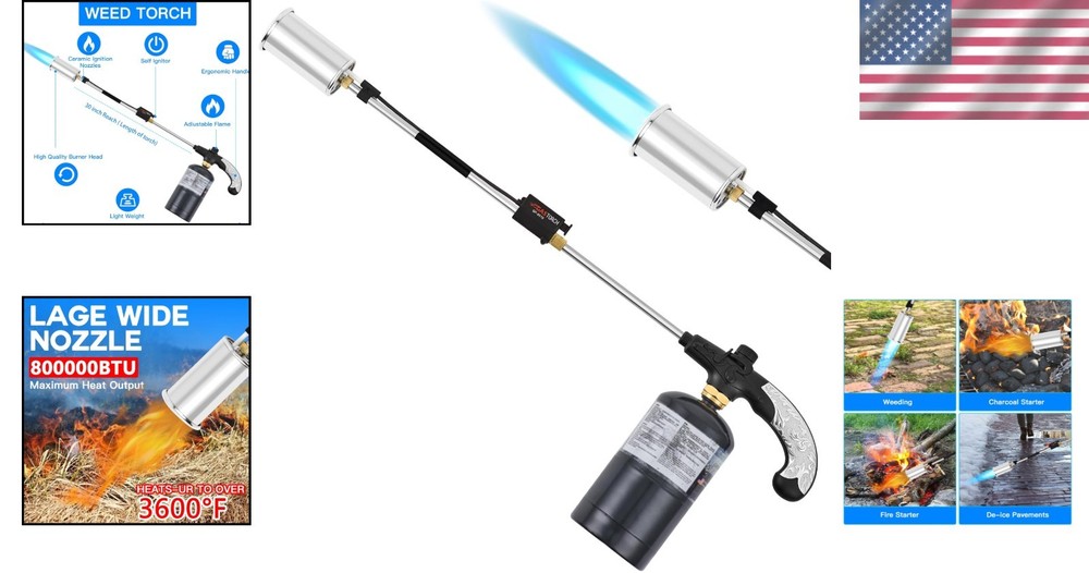 Versatile Propane Weed Torch 30" Long Arm & Flame Control for Garden Use