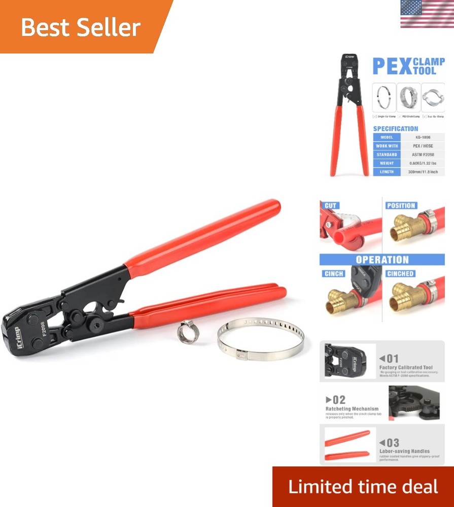 Multi-Size Ratcheting PEX Clamp Tool with Ergonomic Handle for Easy Crimping