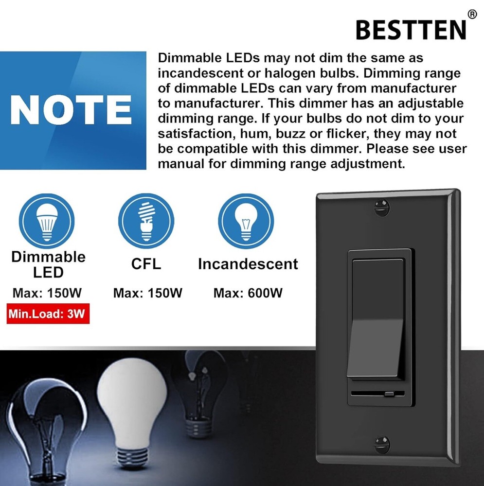 [10 Pack] BESTTEN Dimmer Wall Light Switch, Compatible with Dimmable LED, CFL...