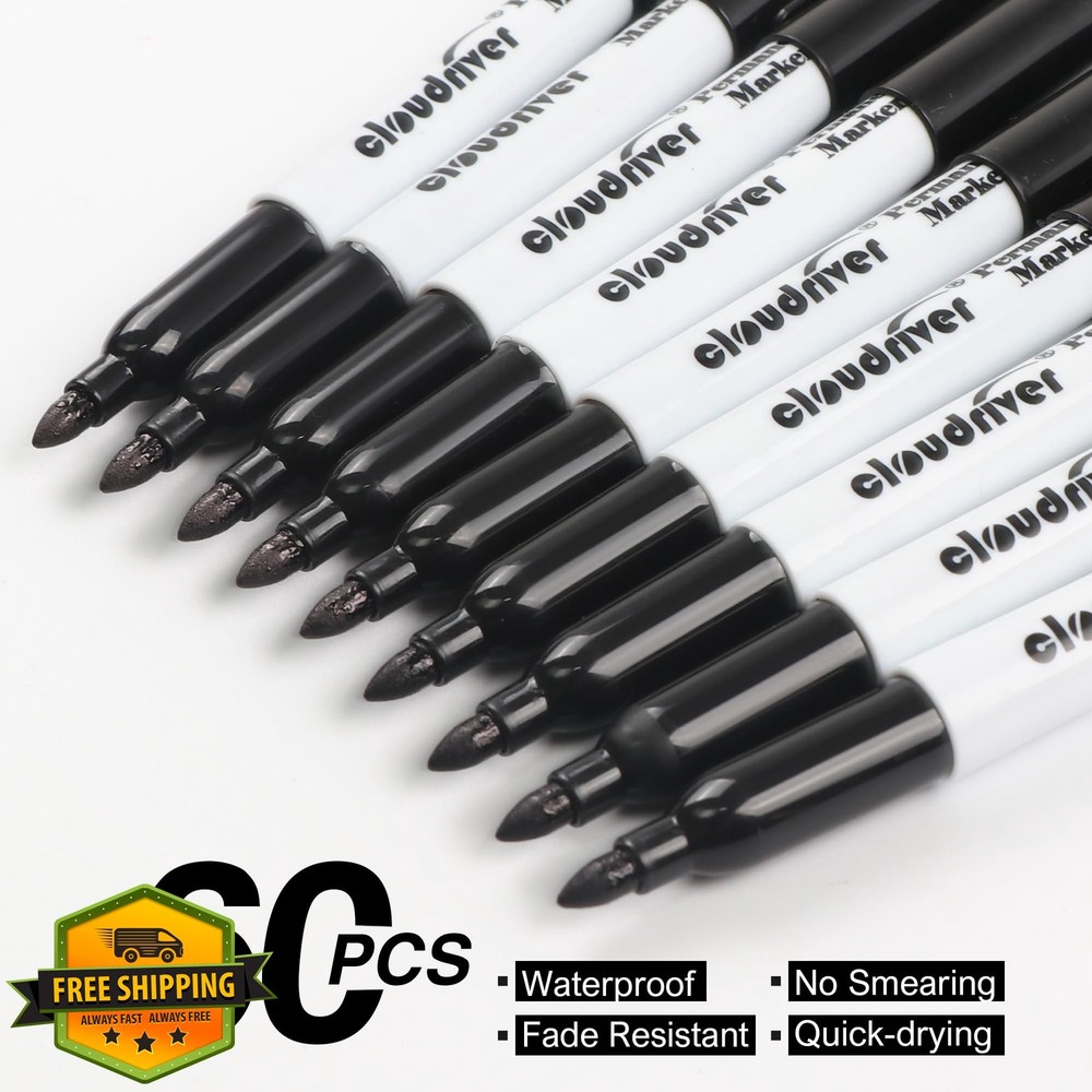 cloudriver Black Permanent Markers Fine Tip 60 Pack Bulk Quick Dry