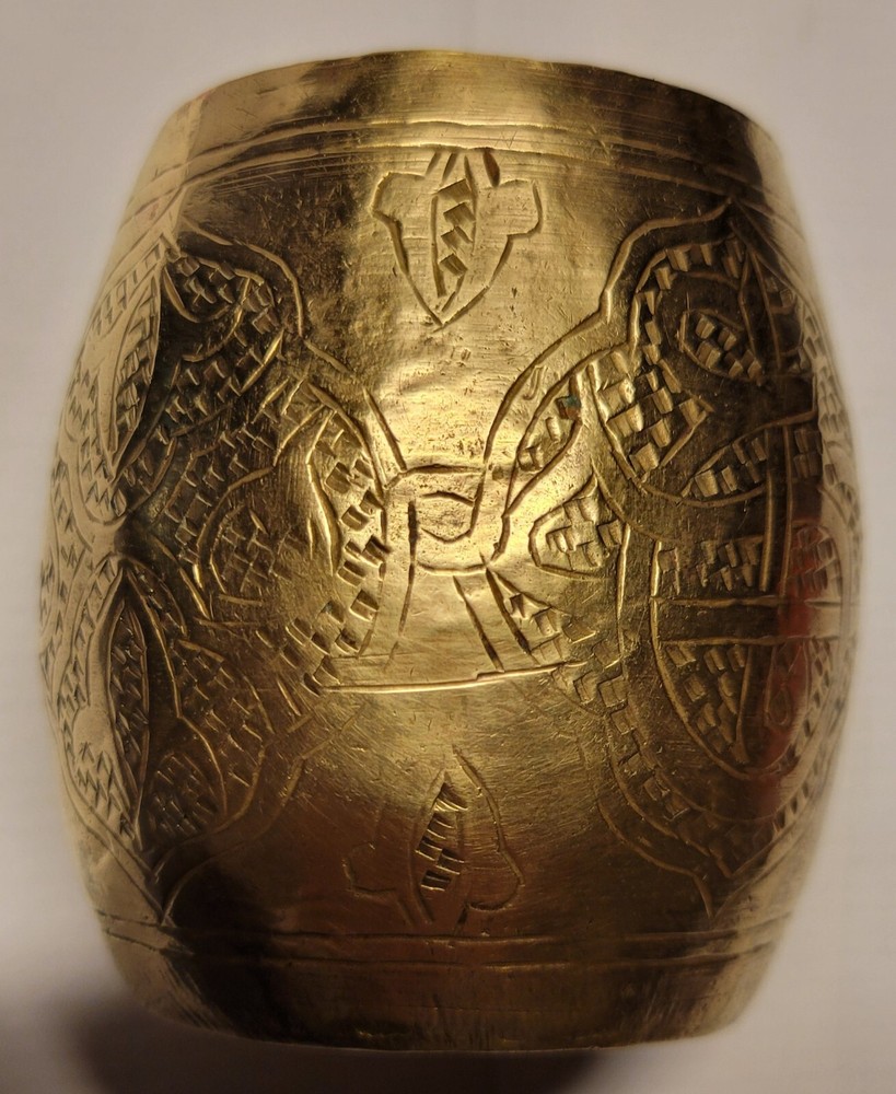 Middle Eastern Brass Cup and Bowl - With hand made design engraved in each one.
