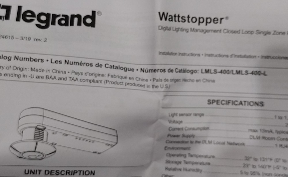 WAT / Wattstopper LMLS-400 Closed-Loop Single-Zone Photosensor