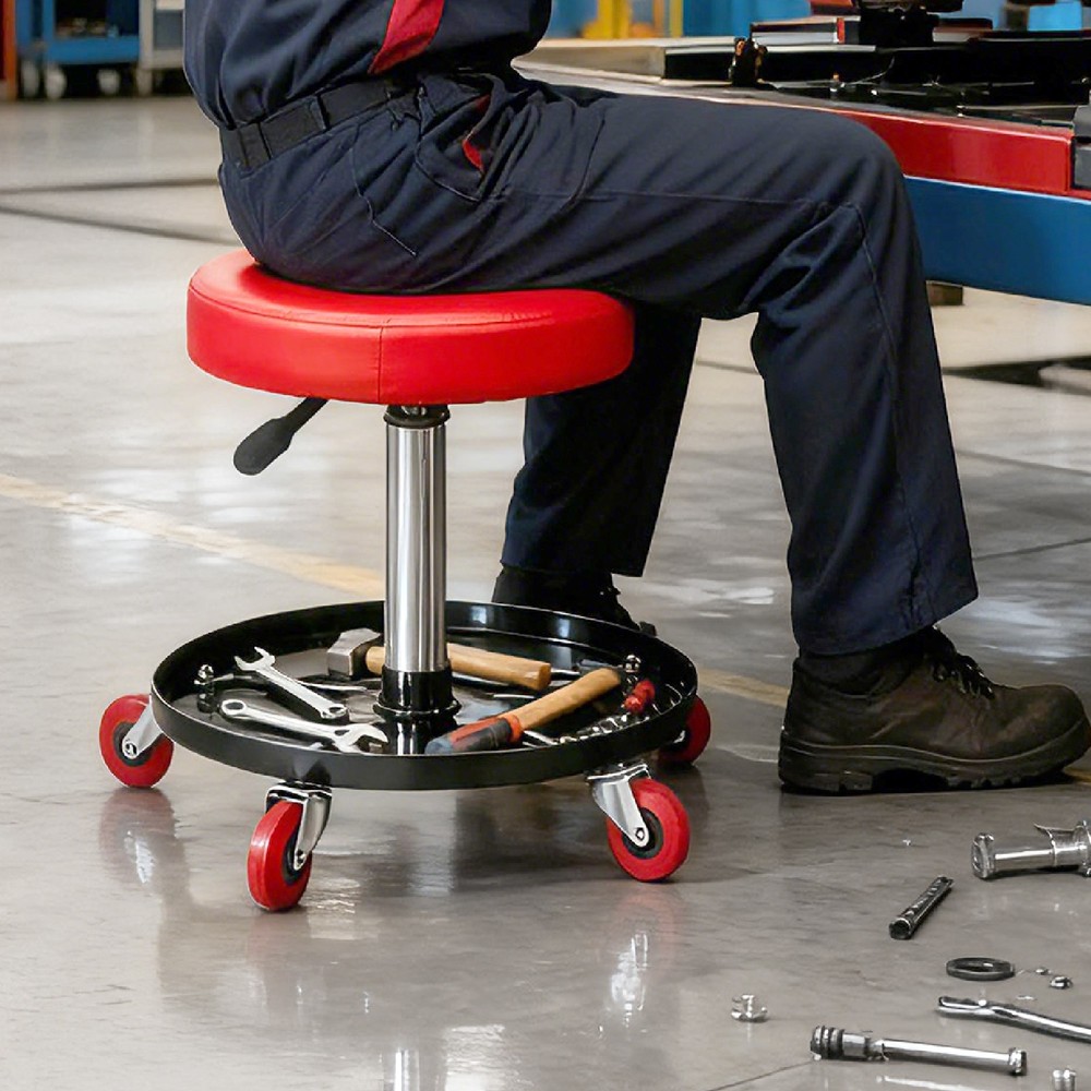 Rolling Garage Stool Adjustable Mechanic Work Shop Seat with Tool Tray Storage