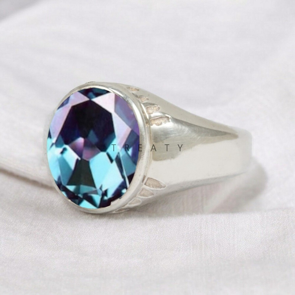 Alexandrite Oval Cut Gemstone With 14K Solid White Gold Ring For Men's #603