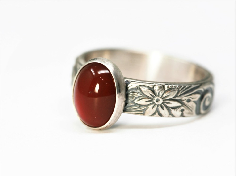 Oval Carnelian Ring Flower Pattern 925 Sterling Silver N-S