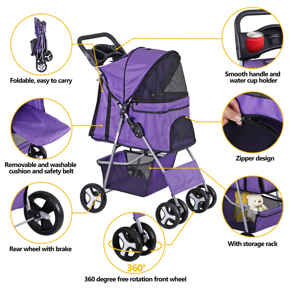 Purple Metal Frame Pet Stroller with Enhanced Ventilation and Smooth Operation