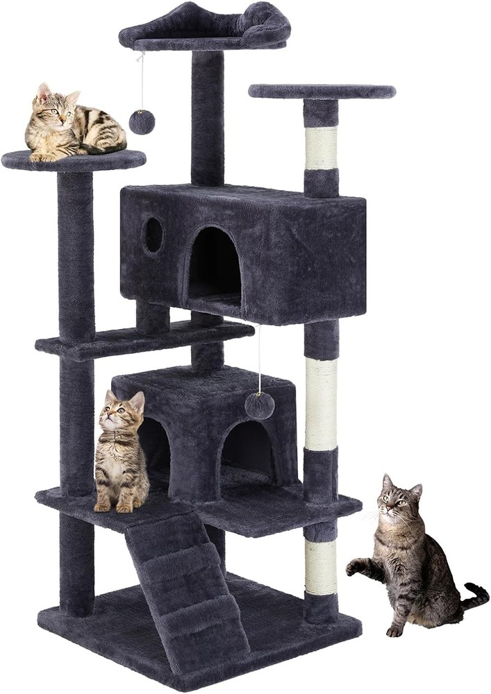 54"Cat Tree Tower Multi-Level Pet House 2 Condos Scratching Posts Round Platform