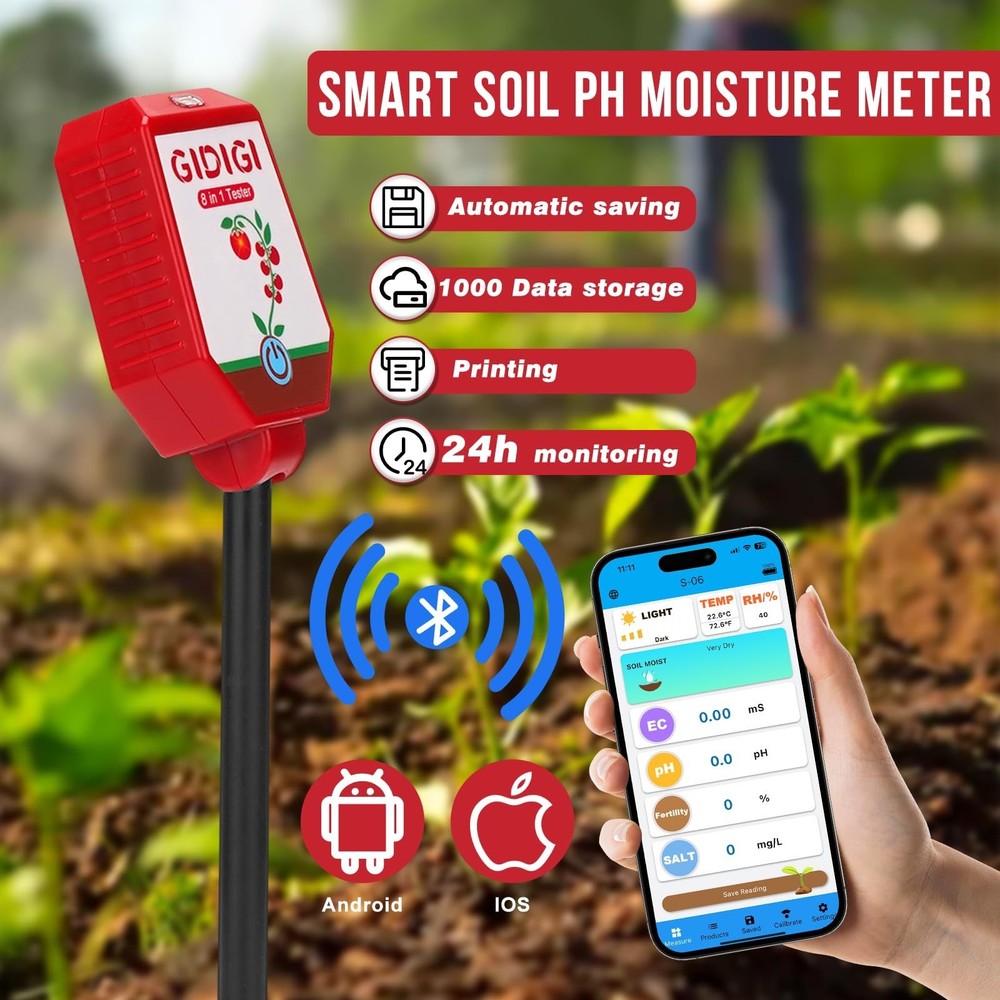 Soil pH Meter Smart Soil Moisture Meter with App Control Digital Soil Test Ki...