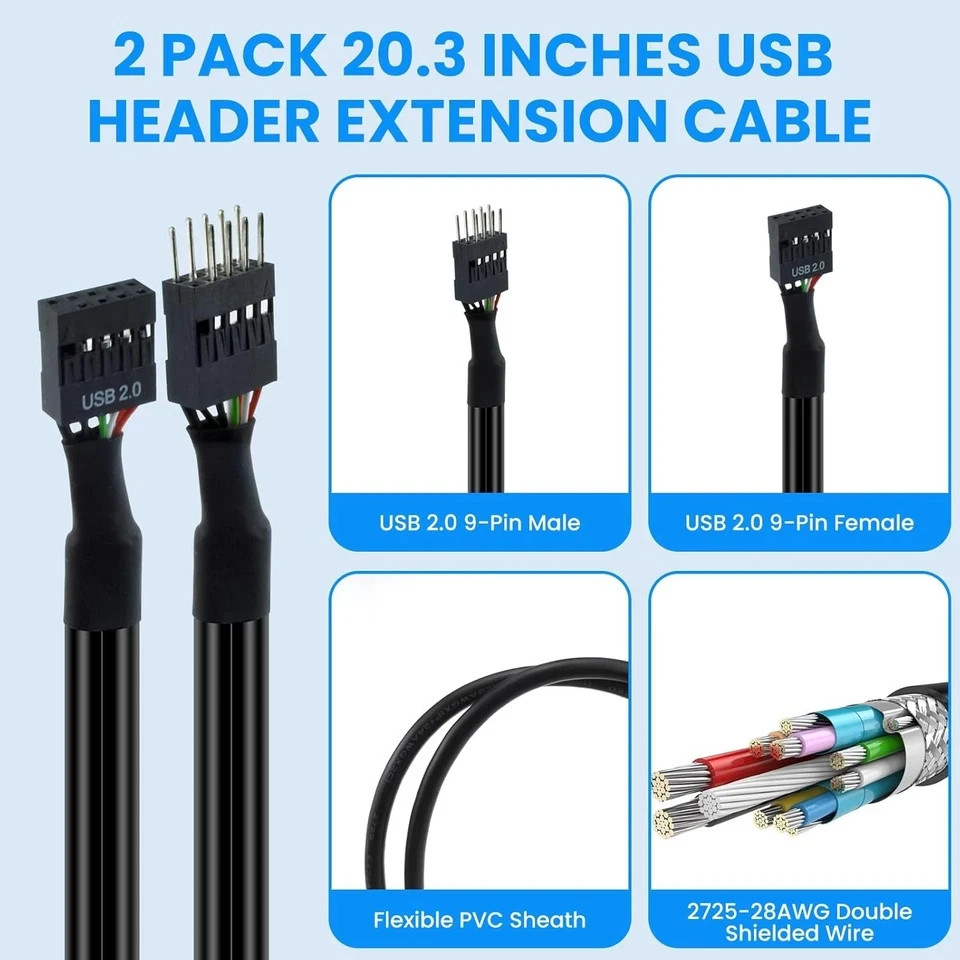 SDTC Tech USB Header Extension Cable, 20.3 inches 2.0 9-Pin