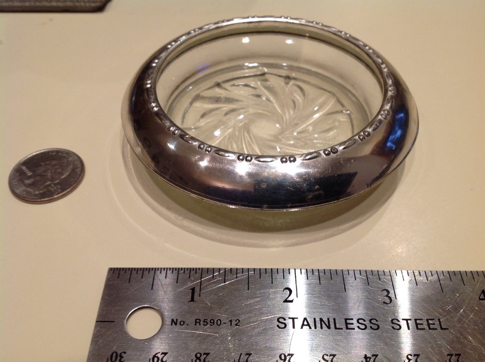 Vintage Amston Sterling Silver and Glass Floral Pattern Coaster