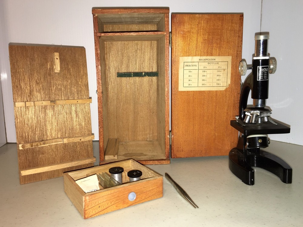 Tasco Microscope Deluxe Wood Case Box Japan