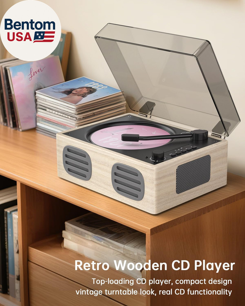 Portable Retro CD Player with Bluetooth Transmitter and Dual Hifi Speakers, LED