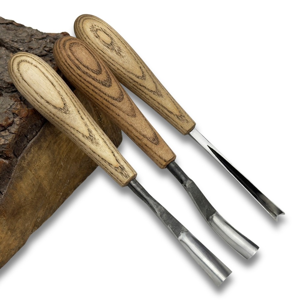 Wood Carving Tool Set 3-Piece – 52100 Steel Blade, Ash Handle, V-Chisel & Gouges