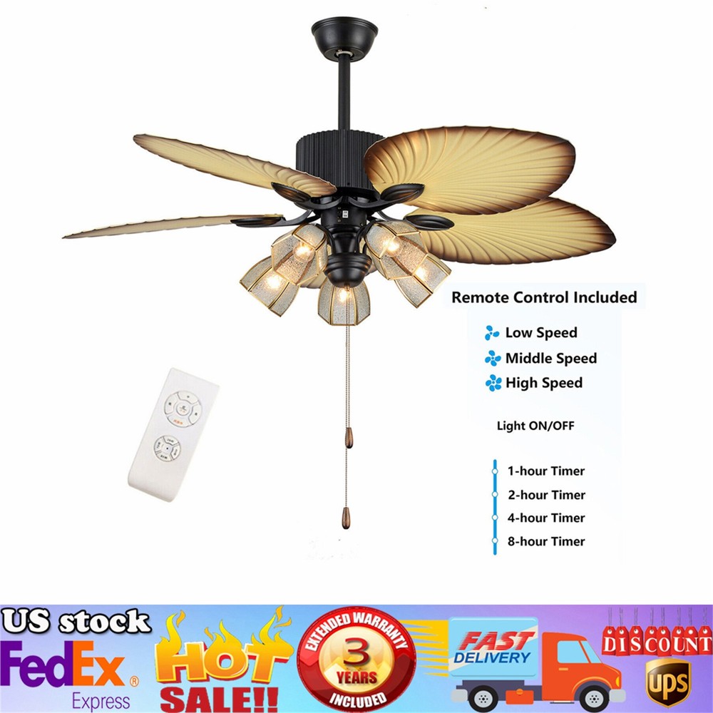 52-Inch Tropical Ceiling Fan with Light, Remote Control & 5 Palm Blades