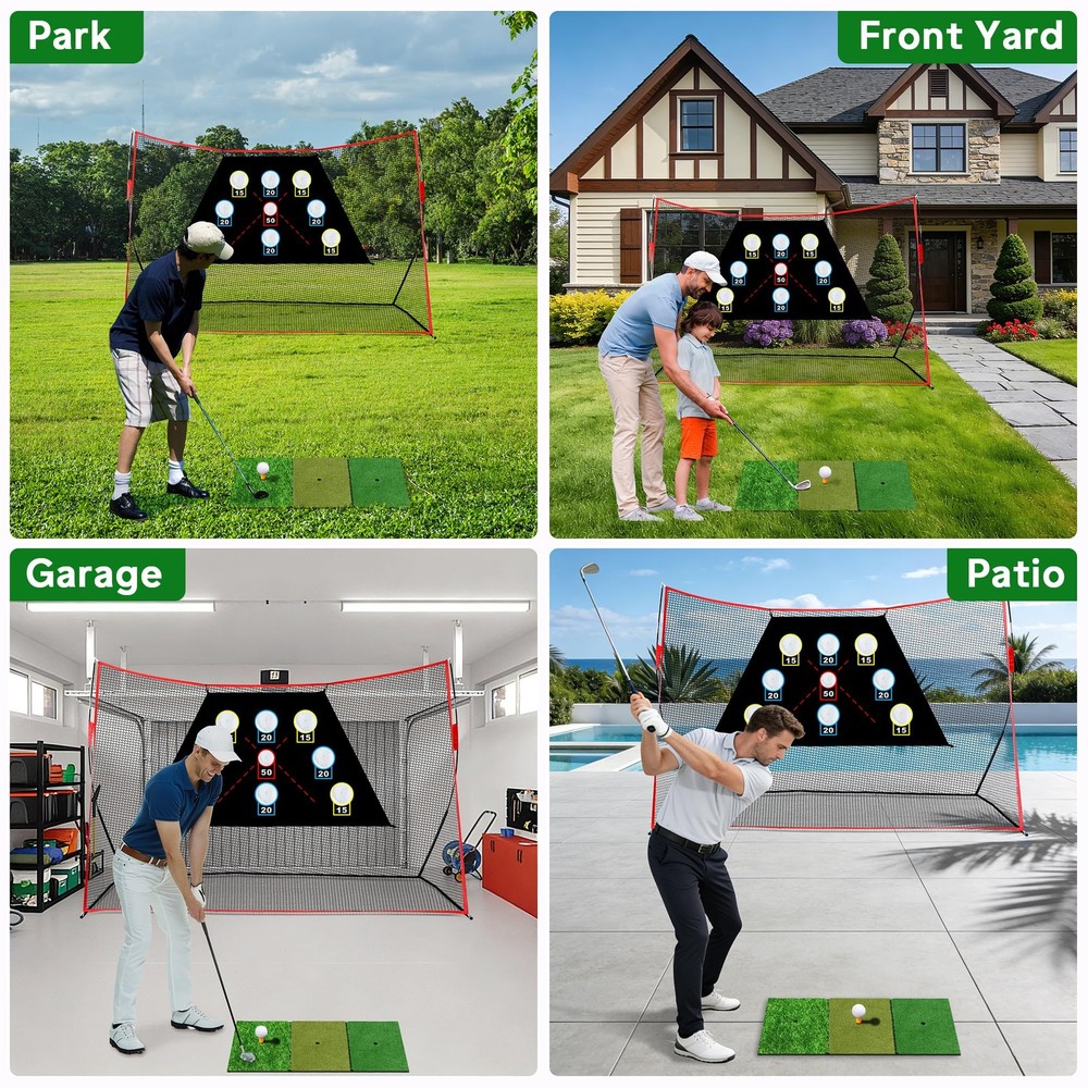 Golf Net, 10x7Ft Practice Hitting Net with Scoring Target Cloth, Tri-Turf Mat