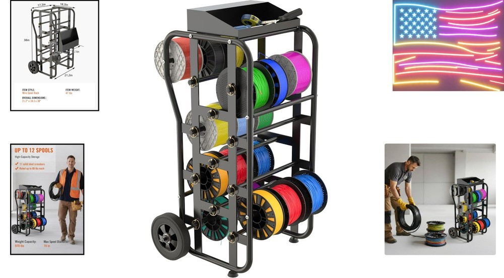 Wire Spool Rack with Wheels, Heavy Duty Cable Caddy & Wire Dispenser Organize...