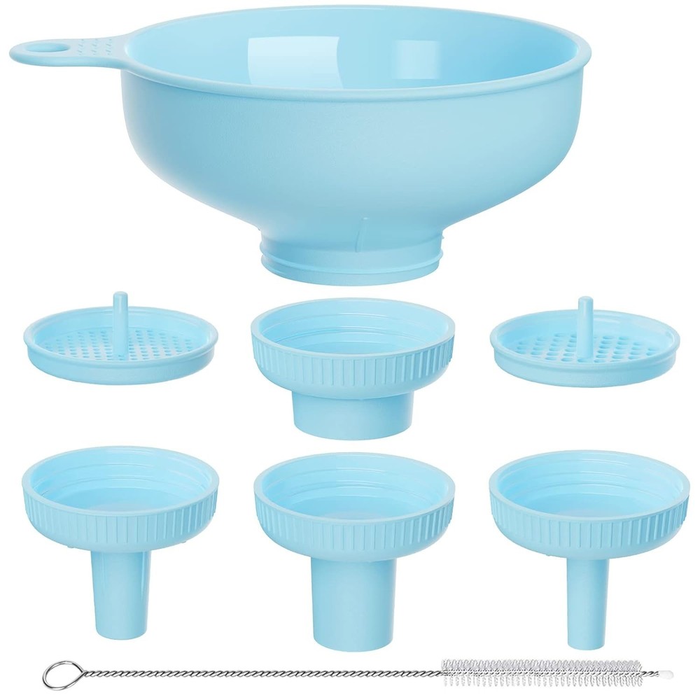 Versatile Blue Funnel Set with 5 Size Spouts & Strainers for Kitchen Ease