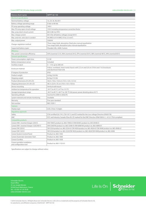 Schneider Electric Conext MPPT 60 150 Solar Controller (2015 Manufacturing Date)