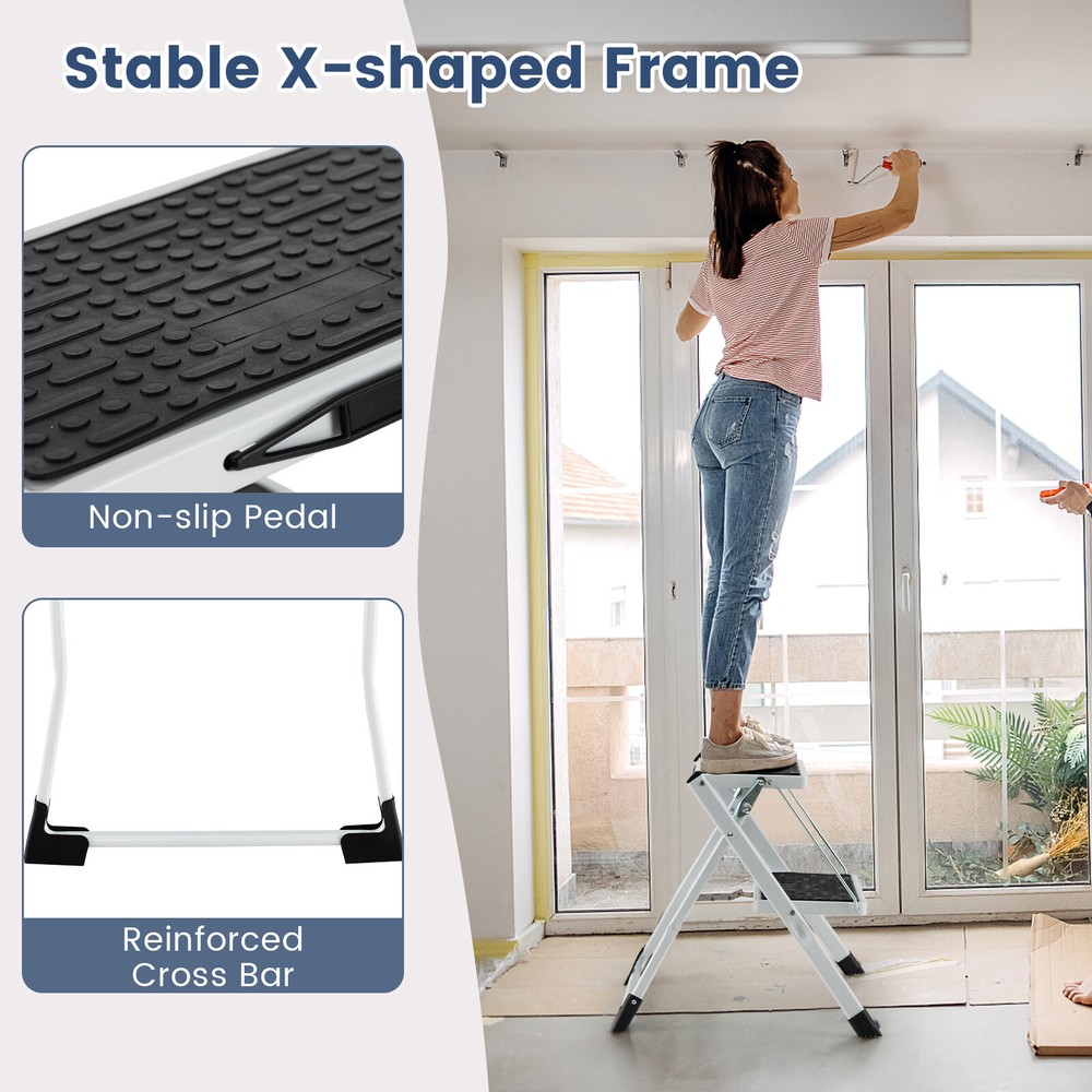 2-Step Folding Ladder Lightweight Portable Step Stool Heavy-Duty Metal Frame
