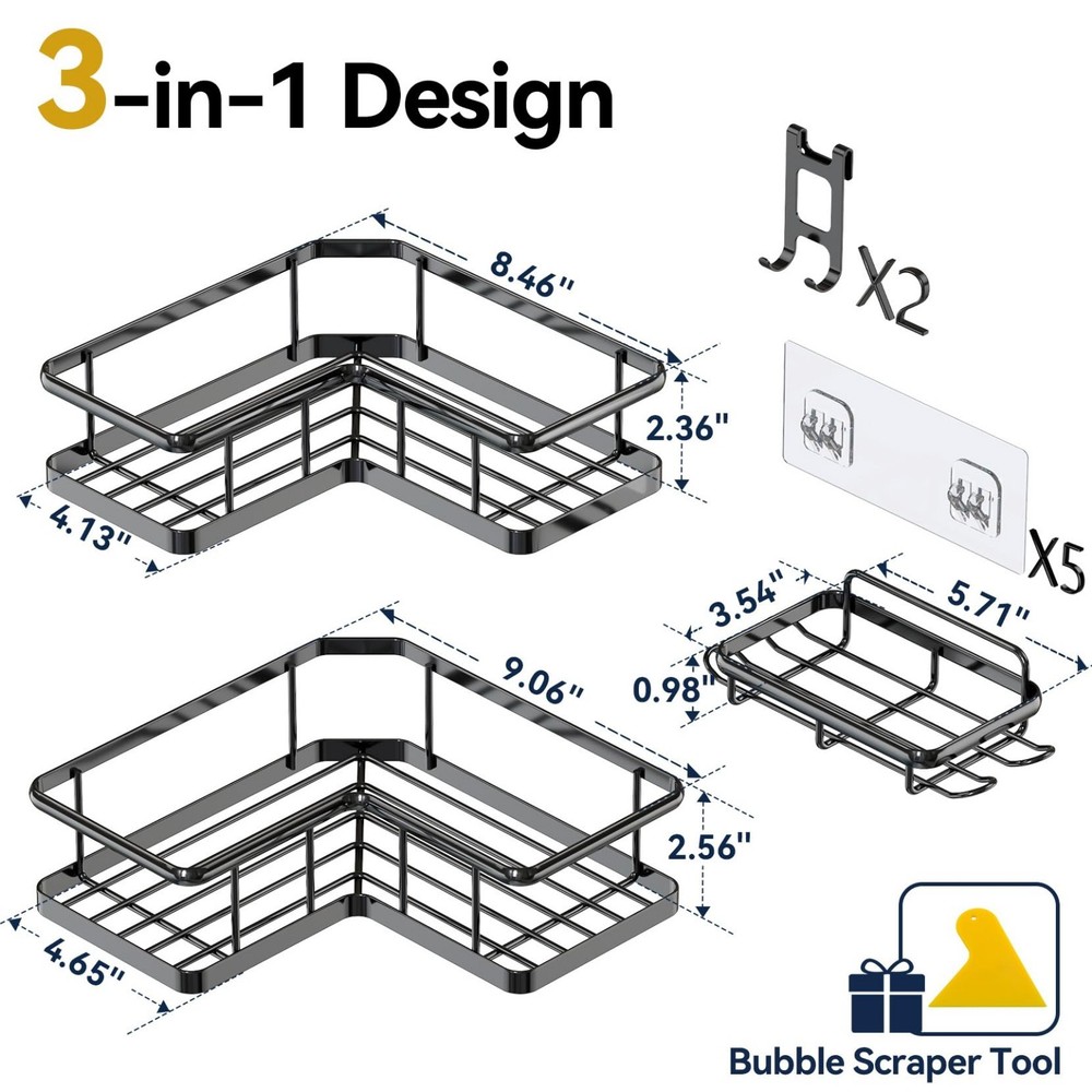 YASONIC Corner Shower Caddy 3 Pack Adhesive Rustproof Black
