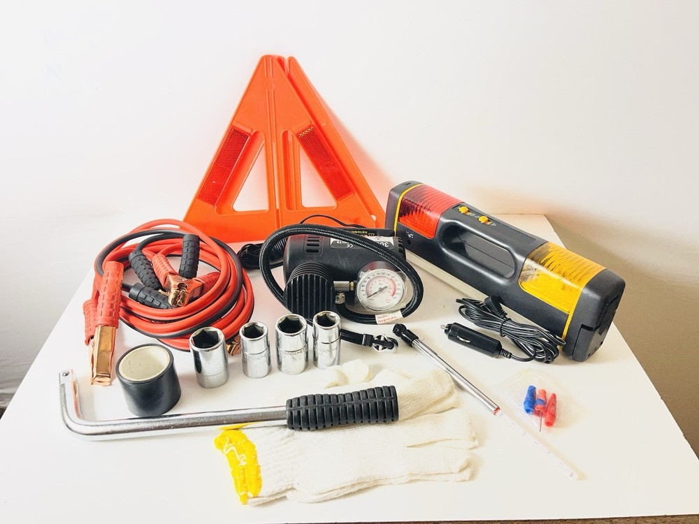 Auto Emergency Roadside Kit w/ 12V Air Compressor Jumper Cables Triangle