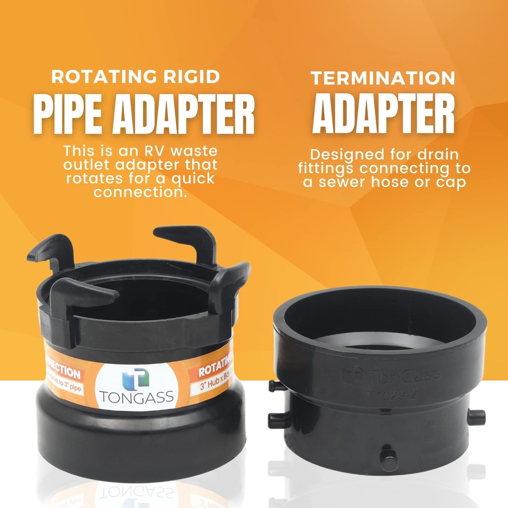 TonGass (Combo Pack) RV Sewer Hose Fitting Adapter Not Threaded Port, Black