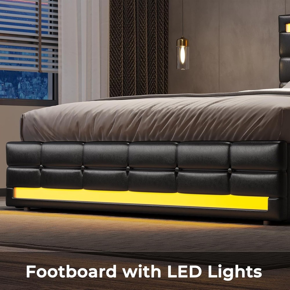 Queen Bed Frame with LED Lights Leather Platform Bed with Storage Drawers and Ch