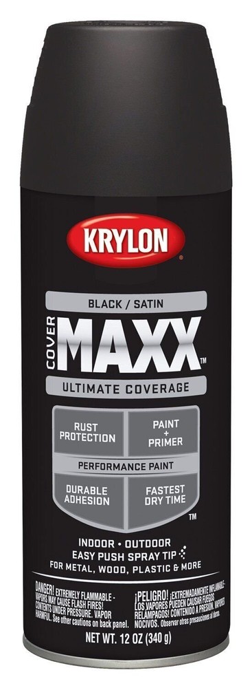 Krylon K09158007 COVERMAXX Spray Paint, Satin Black, 12 Ounce
