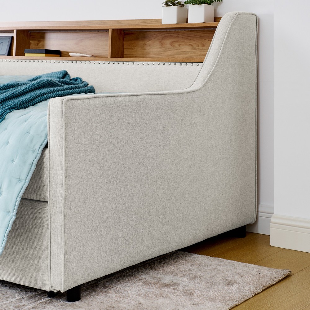 Twin Size Upholstery Sofa Bed with Three LED lights, with Storage Adjustable Hea