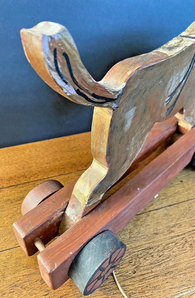 Antique Wooden Horse Pull Toy On Wheels - W/ Pull String & Manually Bucks Up