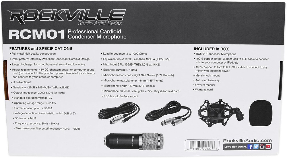 RCM01 Pro Studio Condenser Microphone, 200 Ohm, Cardioid Pattern, Metal Shock Mo